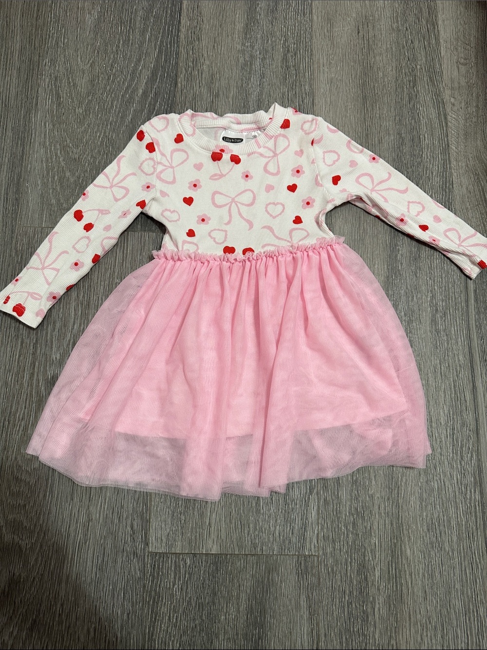 Pink Heart & Bow Tulle Skirt Long Sleeve Dress for Girls